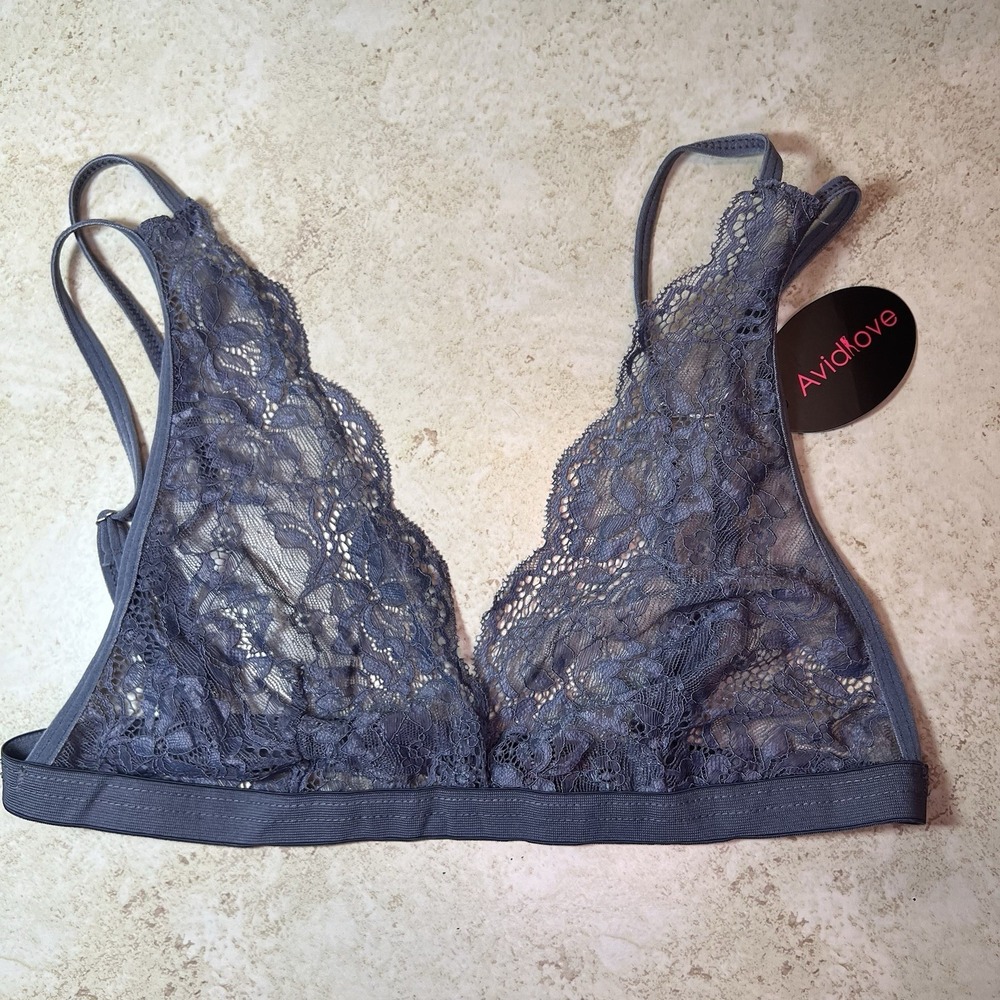 Avidlove Women's Size Small V Neck Bralette Bra Sheer Grey Lace Sexy NEW NWT